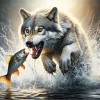 Wolf fängt Fisch