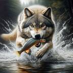 Wolf fängt Fisch